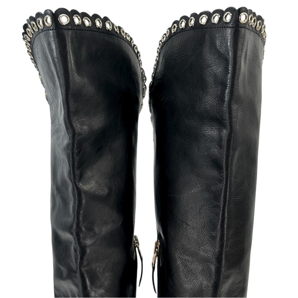 LK Bennett Black Leather Grommet Detail Over the Knee Flat Tall Riding Boots - Picture 4 of 14